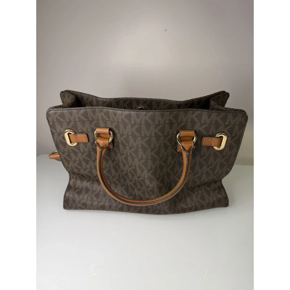 Michael Kors Hamilton East West Brown Leather Purse Handbag Tote MK Logo Print - Picture 4 of 8